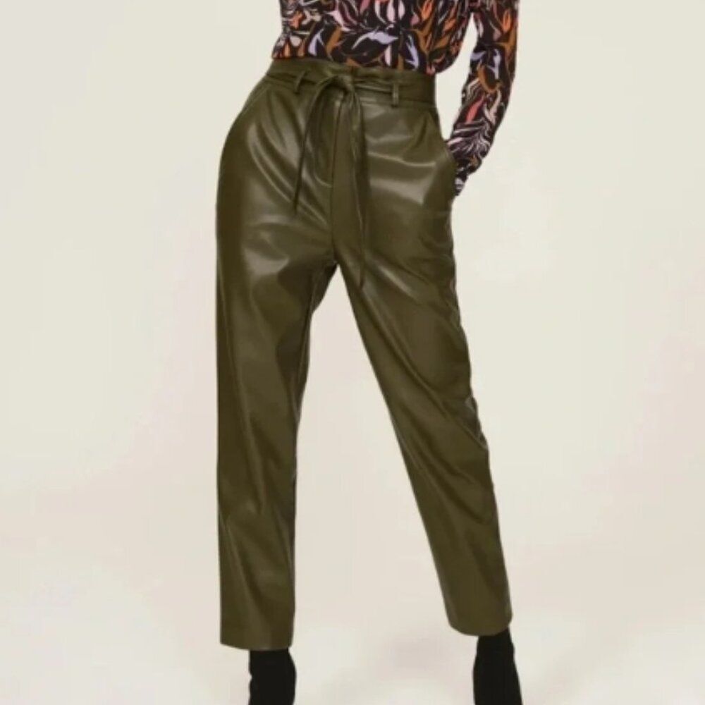 NWOT Peter Som Collective Dark Green Faux Leather Tie Waist Pants in Size 2